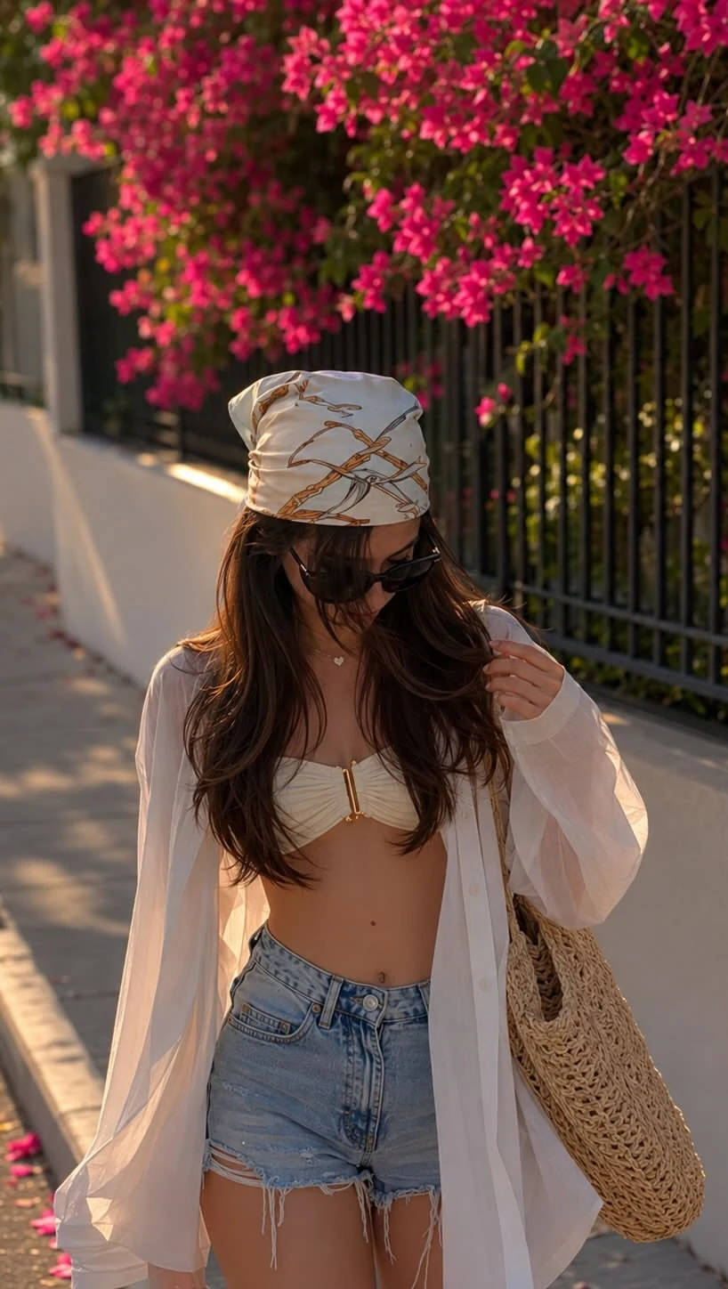 Getaway mood featuring a woman in denim shorts, a white layered beach look, sunglasses and a printed headscarf beneath vivid bougainvillea